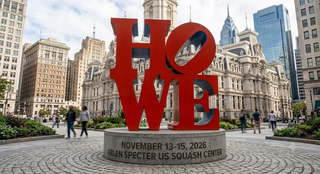 HOWE sculpture at Philadelphia's LOVE Park. November 13–15, 2026, Arlen Specter US Squash Center